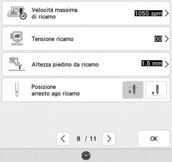 REGOLAZIONI DEL RICAMO Regolzione dell velocità di ricmo Premere e successivmente. In Colore filo, sfiorre lo stto per visulizzre il nome dei colori del filo o il numero del filo per ricmo.