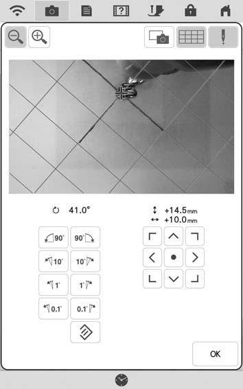 CONFERMA DELLA POSIZIONE DEL RICAMO l Premere i tsti di posizionmento per spostre il telio per ricmo fino d llinere il punto centrle del ricmo nell finestr di visulizzzione dell fotocmer l segno