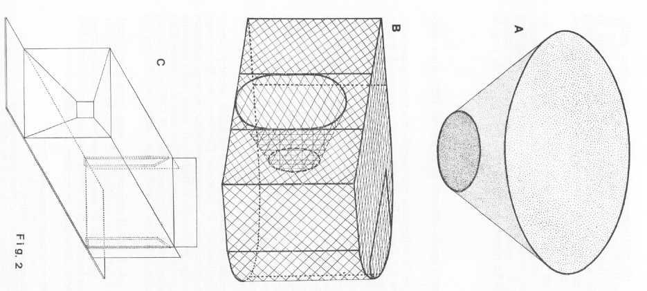 Fig. 2 - Ordigni di cattura impiegati nella ricerca: A - Ordigno di cattura con rete in nylon a maglia fine (75 x cm 2 ). Dimensioni: diametro max. cm 60; diametro min. cm 20.