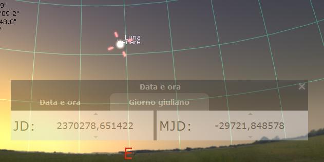 E mettiamo la data del 1737 (data Gregoriana, si veda la discussione fatta più avanti e la nota a piè pagina 2). JD 2355634.394537 - Venere: Az 307 46'30.2'', Alt 3 48'01.8''; Mercurio: Az 307 47'23.