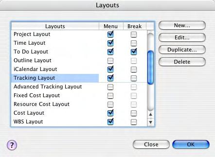 Applicare un layout ad un piano di controllo permette di mostrare, nascondere e muovere delle singole colonne, il grafico della timeline, delle aree della scala temporale e i grafici resoconto.