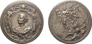 CARLO DI BORBONE (1734-1759). OPuS: DE GENNARO Instituzione disciplina militare, 1751. Bronzo, 36,40 gr, 43mm, MB. Rarissima. D: Busto del re a destra, con parrucca, manto e corazza.