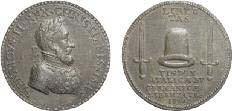 OPUS: BECHOT Alleanza con i principi tedeschi 1552. Metallo bianco, 54,38 gr, 58 mm. Fusione antica (XVII-XVIII secolo). D: Busto corazzato e laureato a destra. R: Cappello tra due spade.