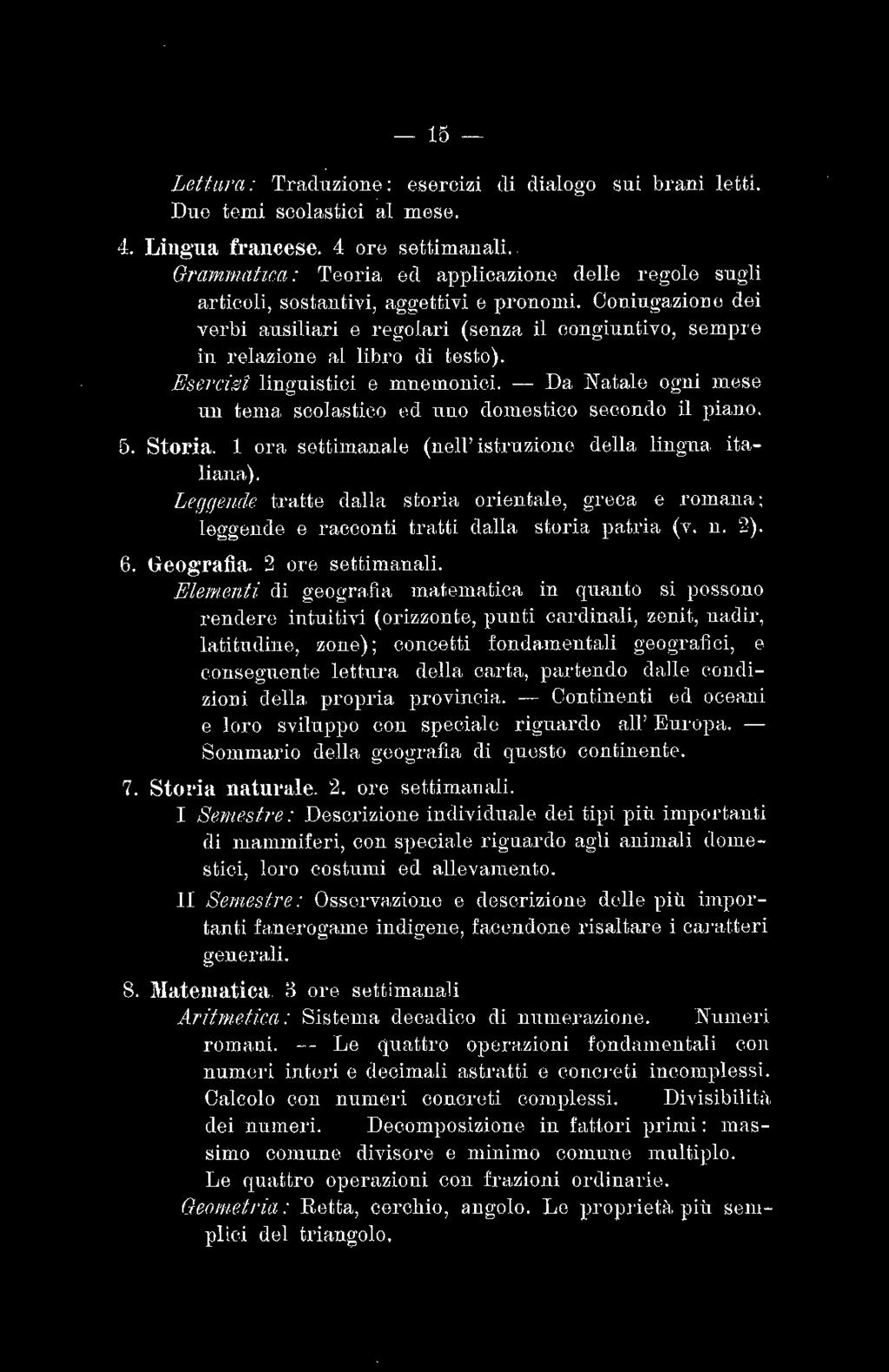 - 15 - Lettura: Tradnzione: esercizi di dialogo sui brani letti. Due temi scolastici al mese. 4. Lingua francese. 4 ore settimanali.