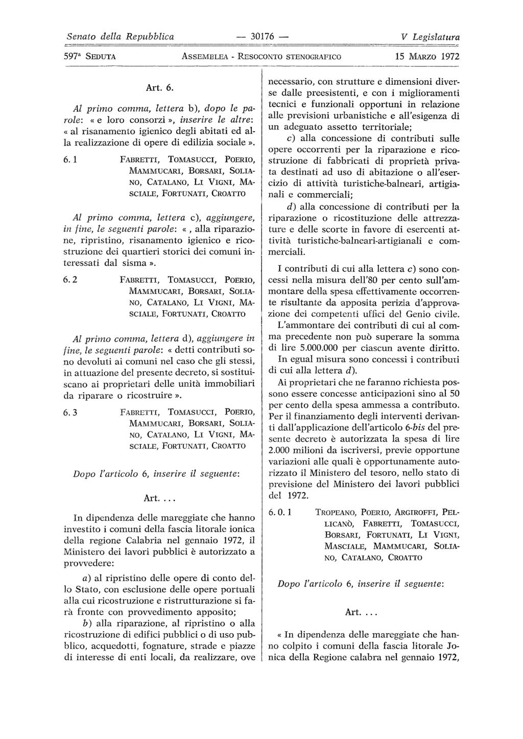 30176 597a SEDUTA ASSEMBLEA Art.6. Al primo comma, lettera b), dopo le pa role: «e loro consorzi», inserire le altre: «al risanamento igienico degli abitati ed al la realizzazione di opere di edilizia sociale».