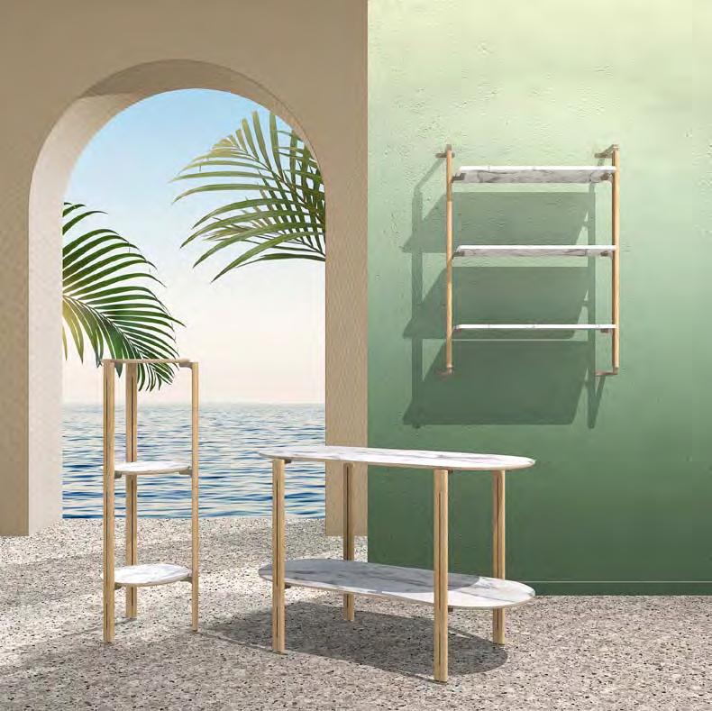 Montanti a parete, tavolo e mobile espositivo Wall uprights, table and display unit Stender e self standing Garment rail and self-standing unit Mobile espositivo in rovere / elementi metallici