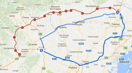 Simulazione tempi e distanze: Villorba Vicenza Est La mappa riporta i risultati di una simulazione di confronto su tre percorsi automobilistici da Villorba (in