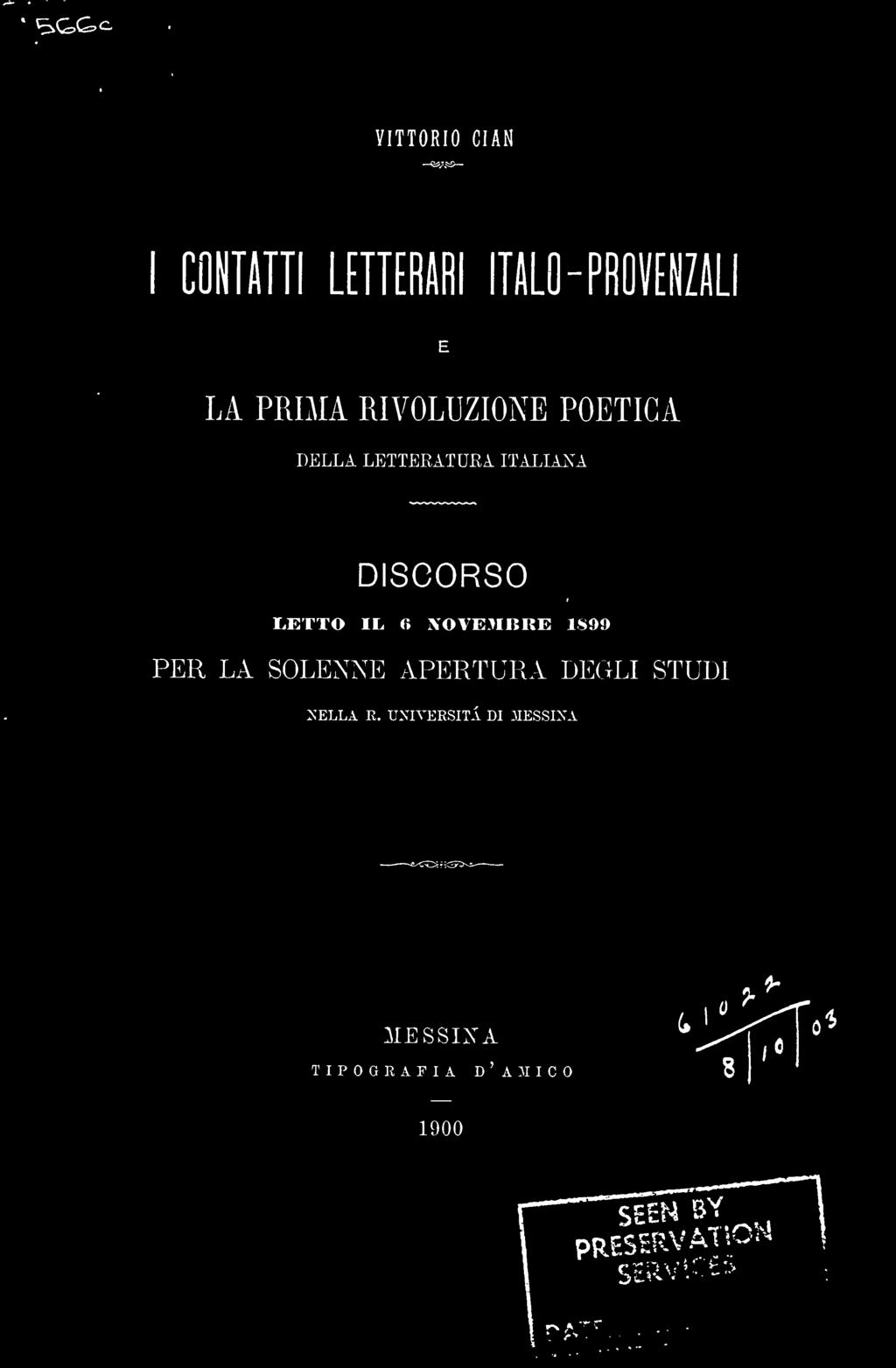 POETICA DELLA LETTERATURA ITALIANA DISCORSO lietto IL 6 NOVEMBRE 1899 PER
