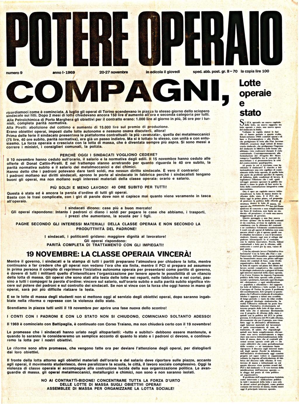 numero 9 Mno 11969 2G27 novembre n edicoa i giovedì sped abb posto gr 1170 a copìa ire 100 ricordiamoci 'come è cominciata A ugio gi operai di Torino scendevano in piazza o stesso giorno dep scioper!