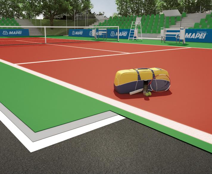 Sistema multistrato ad elevata elasticità a base di resine acriliche in dispersione acquosa con tappetino in gomma granulare per campi da tennis ad uso professionale sia indoor  Multi-layer, acrylic,