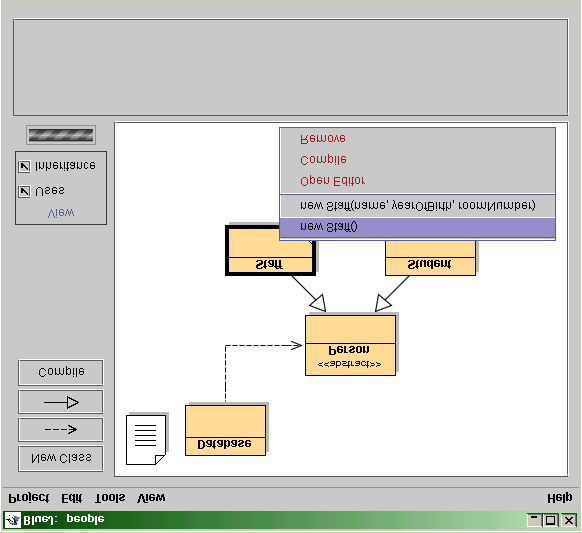 Per iniziare - scrivi / compila / esegui Figura 2: Operazioni sulla Classe (menu popup) Per creare un oggetto di tipo Staff, dovresti fare click col pulsante destro sull icona della classe