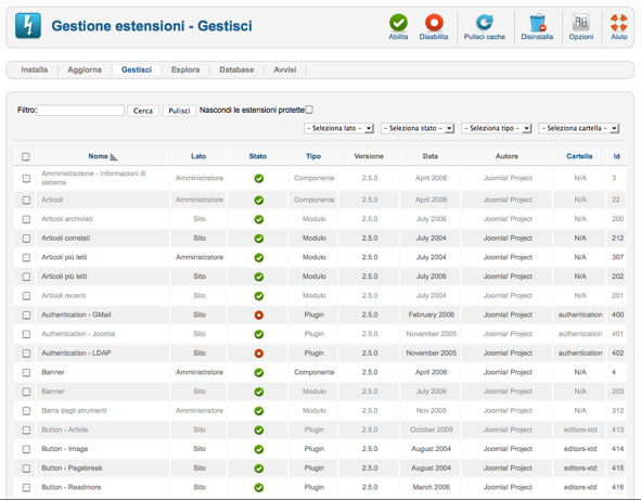 Capitolo 13 Gestione estensioni C è molto nel pacchetto base di Joomla. Parole come componenti, moduli, plug-ins, template e lingue le abbiamo già sentite prima.