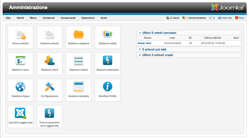 Figura 2: Amministrazione Si può accedere ad ogni funzione sia utilizzando il sistema combinato di scheda di menu o semplicemente facendo clic sull icona della schermata iniziale. FILE Joomla!