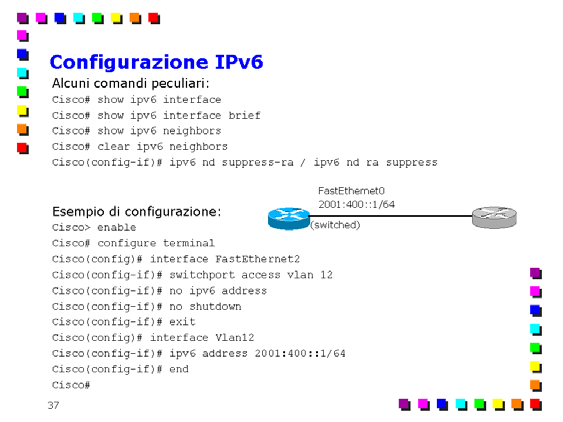 Comandi principali per la configurazione di router Cisco Page 29 La configurazione di indirizzi IPv6 è estremamente simile a quella della configurazione di indirizzi IPv4.