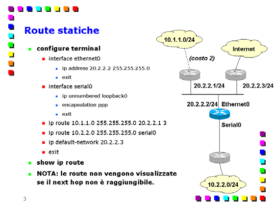 Comandi principali per la configurazione di router Cisco Page 35 E' il modo più semplice per abilitare il routing; non è tuttavia molto robusto in quanto tutto deve essere fatto manualmente e quindi