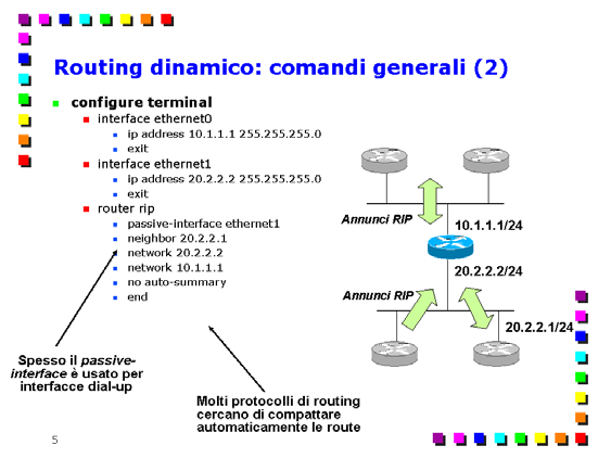 Comandi principali per la configurazione di router Cisco Page 36 le interfacce che dovranno partecipare a quel dominio di routing (il router automaticamente capisce quali sono le sue interfacce