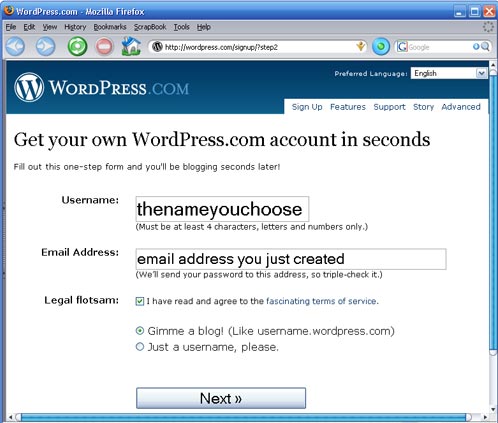 3: registra il tuo nuovo blog anonimo a) Avvia Tor nel tuo browser, o avvia Tor Browser dalla tua penna USB. Visita Wordpress.com ed iscriviti per un nuovo account facendo clic sul link Sign Up Now!
