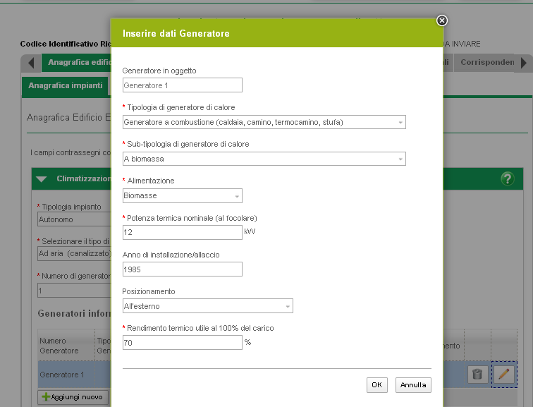 Comparirà ora una maschera popup per inserire i dati del generatore che dovranno