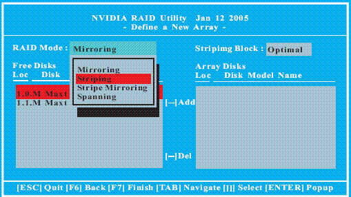 SATA Operation Mode [RAID] Premere <F10> per entrare nelle utilità NVIDIA RAID. NVIDIA RAID IDE ROM BIOS 4.81 Copyright (C) 2004 NVIDIA Corp.
