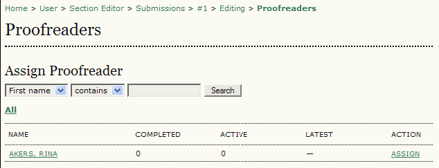 Figura 142: Selezionare un proofreader (correttore di bozze) Se il curatore di sezione (Section Editor) agisce come correttore di bozze (proofreader), si può cominciare il processo selezionando