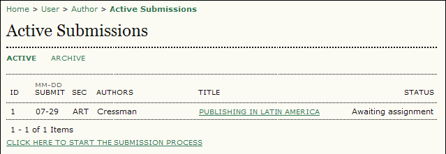 Figura 178: Submission attive Gli articoli possono essere listati come in attesa di essere assegnati a un editor, in coda per l editing, ecc.