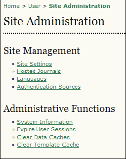 Figura 10: Menu del Site Administration (Amministrazione del sito) (Amministrazione del sito) Si seleziona dal menù a cascata la lingua di default