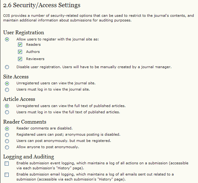 Configurazioni di sicurezza/accesso Figura 37: Configurazioni di sicurezza/accesso Bisogna selezionare i livelli di accesso che si vorranno fornire al proprio periodico.