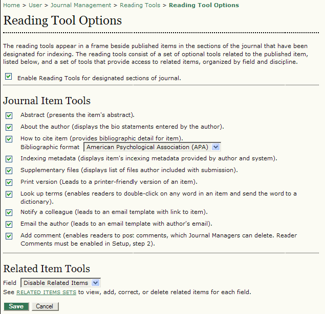 Figura 72: Opzioni per i Reading Tools (Strumenti per la lettura) A questo punto si può anche stabilire quali strumenti saranno