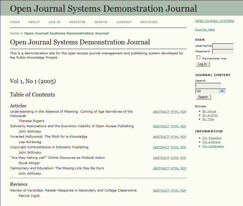 Figura 1: Indice di un periodico OJS La seguente immagine mostra la versione HTML di un articolo e include gli Strumenti di