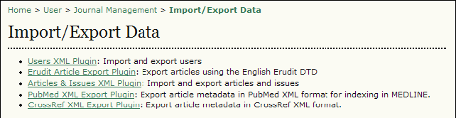 Figura 95: Menu Management Pages (Pagine di Management) Dalla pagina Importare/Esportare dati, si può scegliere se trattare dati di articoli/fascicoli o dati degli utenti: Figura 96: Pagina