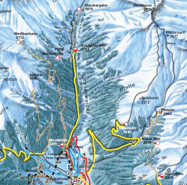 Il classico itinerario sci-alpinistico e con le racchette da neve della Val Casies attraverso la malga di Foi/Pfoital fino al Monte Alta Croce a) Dal parcheggio del rifugio Talschlusshütte 1465m si