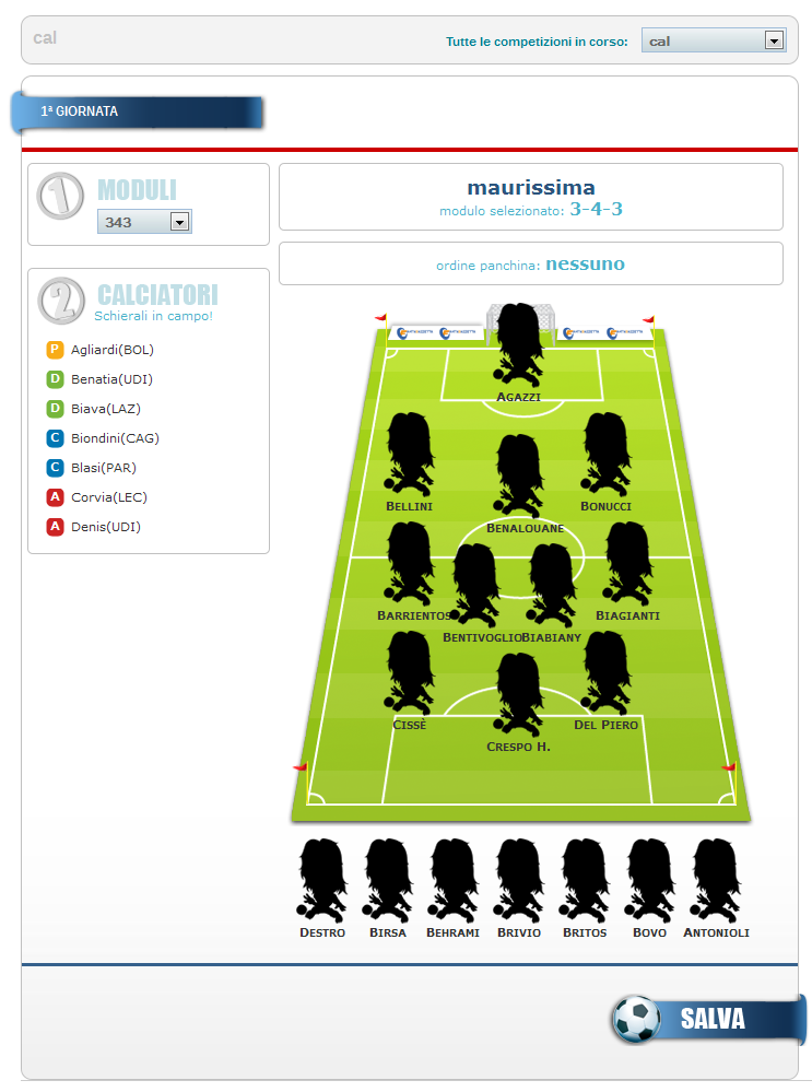 successivi. Per rimuovere un giocatore dalla formazione o dalla panchina, fare clic sul suo Campioncino (nell illustrazione le sagome nere).