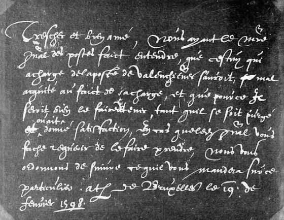 Brussels 19 February 1598 letter from Leonard de Taxis to the postmaster of Valenciennes. Bruxelles 19 febbraio 1598 lettera da Leonardo Tasso al mastro postale di Valenciennes.