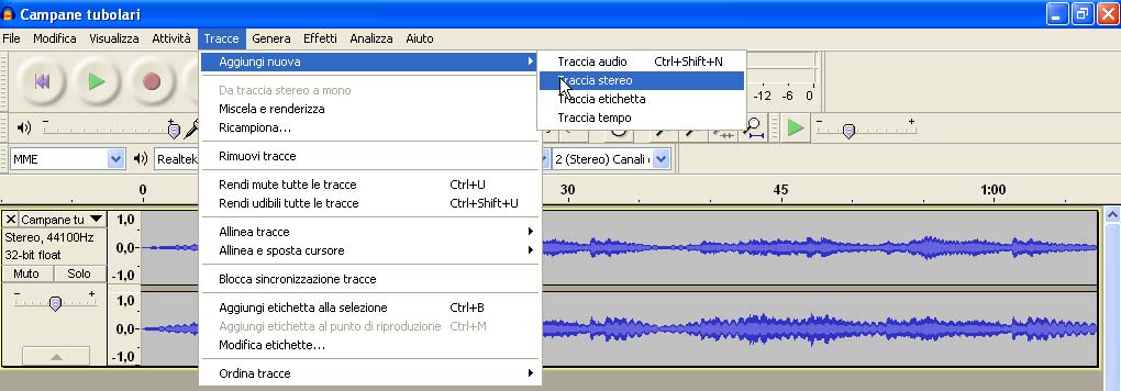 parti della traccia già presente): selezionare dal Menù Tracce l