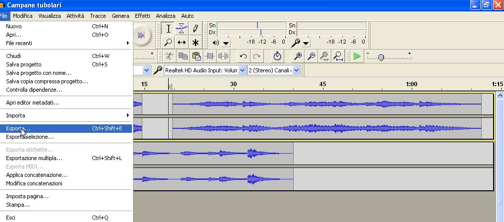 9. Per esportare una traccia terminata: selezionare dal Menù File l opzione Esporta (oppure premere i tasti Ctrl+Shift+E)... denomina il file e scegli dove salvarlo.