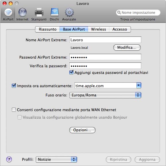 Impostazioni del dispositivo wireless Fai clic sul pulsante AirPort, quindi su Base. Utilizza il pannello Base AirPort di Utility AirPort per inserire le informazioni relative al dispositivo wireless.