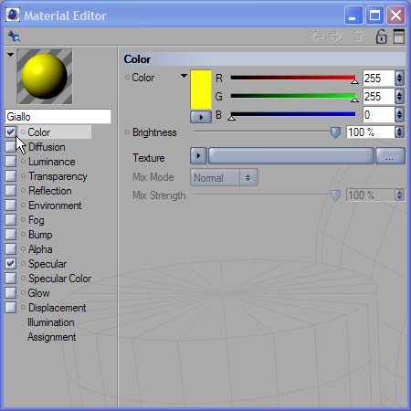 Passo 13: Fin qui abbiamo giocato, questi non sono materiali, ma colori! Una cosa alla volta. Doppio clic sul Materiale Giallo. Sulla loro sinistra ci sono delle caselle di spunta ed un nome.