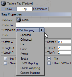 Passo 17: Riaprimo la finestra delle proprietà del Tag posizione relativo al cubo. La casella Proiezione serve ad informare CINEMA 4D sulla modalità di applicazione dell immagine.