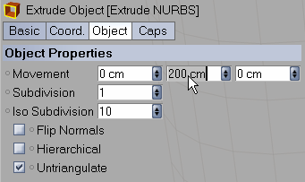 Estrude NURBS e impostiamo le sue