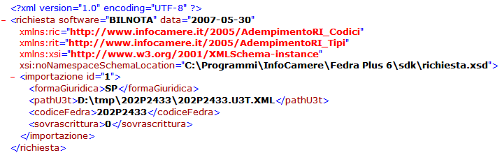 xml dove in dettaglio il file richiesta.xml e' del tipo: I nome del file U3T.XML da importare (file nomepratica.u3t_xml) può essere un qualunque identificativo di 8 caratteri.