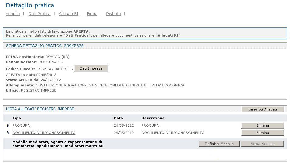 6.4 Dettaglio Pratica La pagina di dettaglio pratica riassume i dati salienti di una pratica: CCIAA destinataria Denominazione dell impresa Codice fiscale dell impresa Data di creazione Stato di