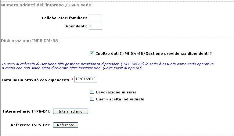 Comunicazione inizio attività, Inserimento Mestieri Artistici e tradizionali, Numero addetti dell impresa / INPS sede, Lavoro prestato da terzi e familiari partecipanti all attività dell impresa)