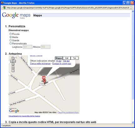 1. Inserimento di una mappa con link al sito di Google Maps (codice HTML) L esempio più semplice è quello che si ottiene navigando nel sito web http://maps.google.