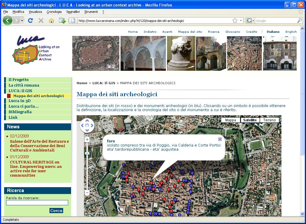 Fig. 7: sito web www.luccaromana.com realizzato con il CMS Museo&Web: pagina con mappa di Google che contiene la rappresentazione dei siti archeologici di età romana della città di Lucca. 3.