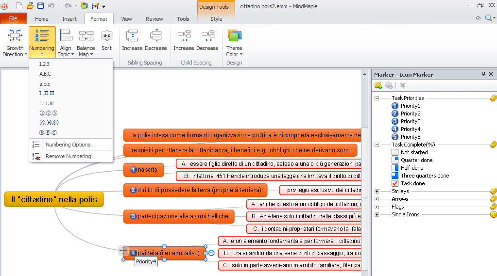 PER NUMERARE GLI ARGOMENTI : un clic sul nodo da dove si genera la numerazione, poi Format e Numbering PER AGGIUNGERE UNA ICONA : un clic sul nodo e doppio clic sull icona scelta dall elenco a destra