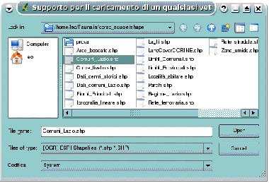 Caricare i dati cartografici dati vettoriali Per caricare un dato vettoriale (quale uno shapefile od altri formati supportati da QGIS) si clicca sull'icona Aggiungi un layer vettoriale oppure