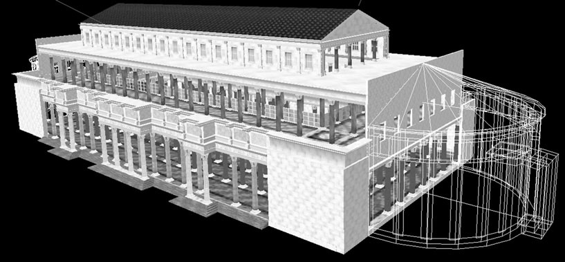 ricostruttivo della posizione del frammento pertinente al frontone, sui lati corti della Basilica Ulpia (rielaborati dai disegni de Il Laboratorio ).