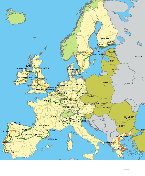 LA POLITICA EUROPEA DEI TRASPORTI Carta dei progetti «specifici» adottati nel 1996 (elenco di Essen) (*) 1. Treno ad alta velocità/trasporto combinato Nord-Sud 2. Treno ad alta velocità PBKAL 3.