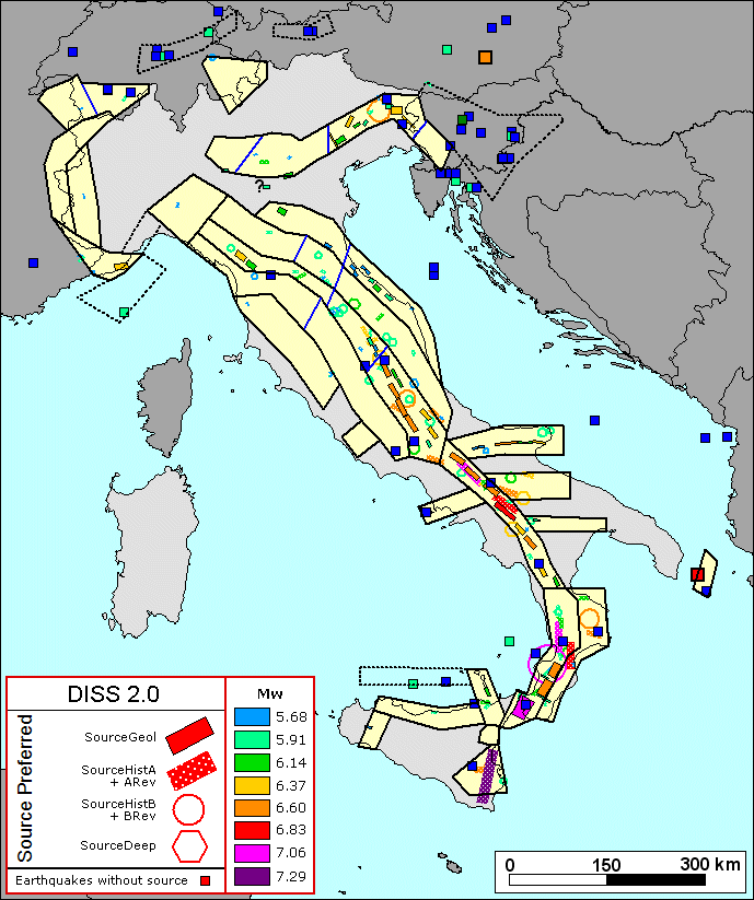 Figura 3 - Zonazione sismogenetica ZS9 a confronto con la distribuzione delle sorgenti sismogenetiche contenute nel database DISS 2.0.