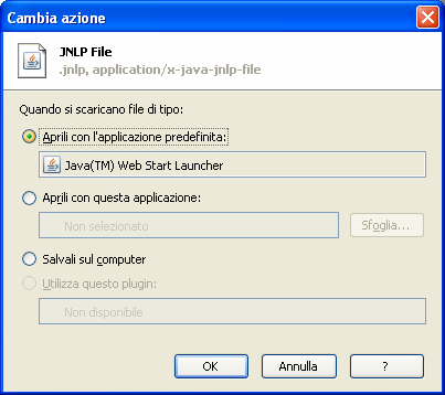 Se l estensione JNLP non è associata all applicazione Java Web Start Launcher effettuare l associazione premendo